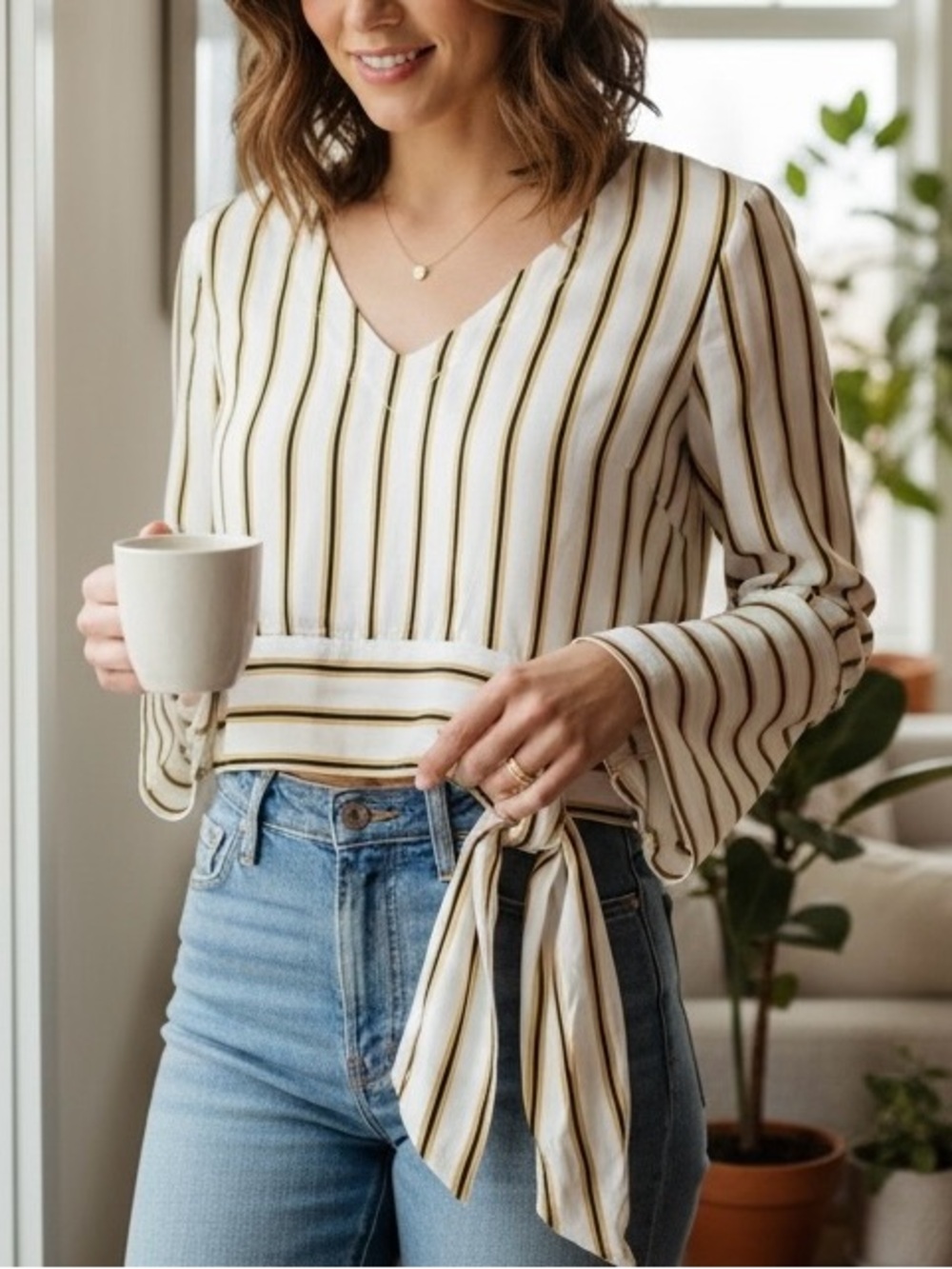 New Sancia Striped Cream V-Neck Tie-Waist Crop Blouse